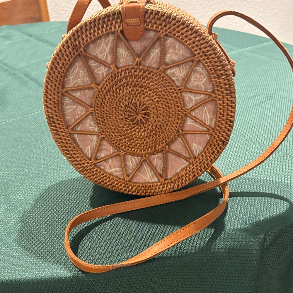 Round Woven Tan Crossbody Bag